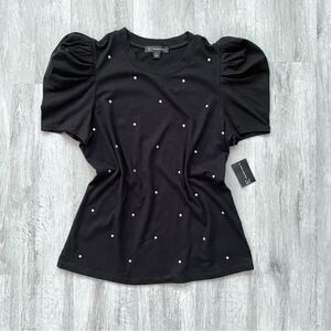 INC Women's XS NWT Black Puff Sleeve Rhinestone Studded Short Sleeve Top